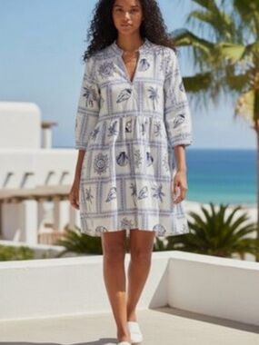 Calypso St. Barth Blue and White Printed Cotton Dress